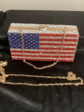 Crystal American Flag Clutch with Gold Chain